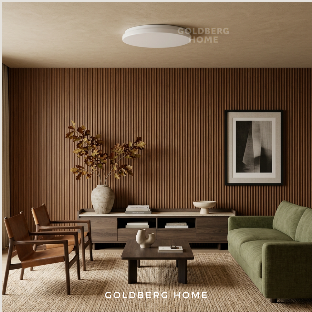 Goldberg Home London Twist & Turn white LED ceiling light installed in modern living room interior with wood slat accent wall.