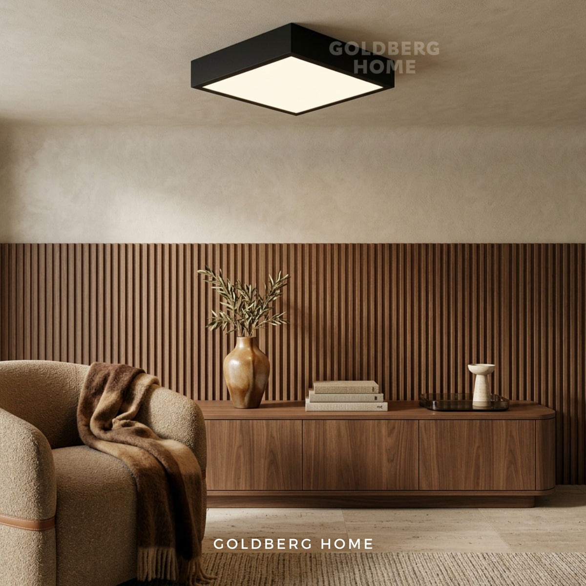 Goldberg Home Luz LED black ceiling light warm illuminate setting for modern Singapore condo bedroom.