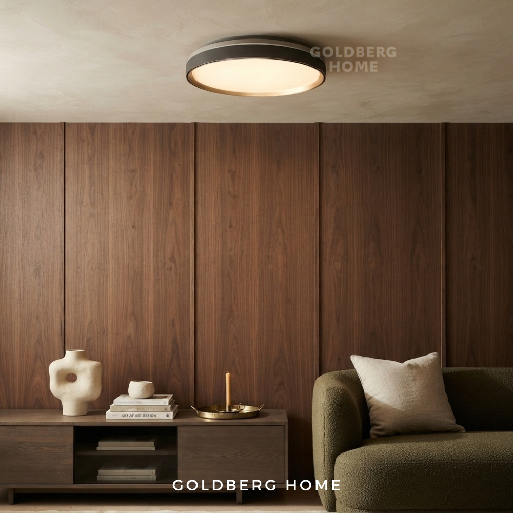 Goldberg Home Manchester Twist and Turn LED ceiling light with grey and gold trim installed in modern living room.