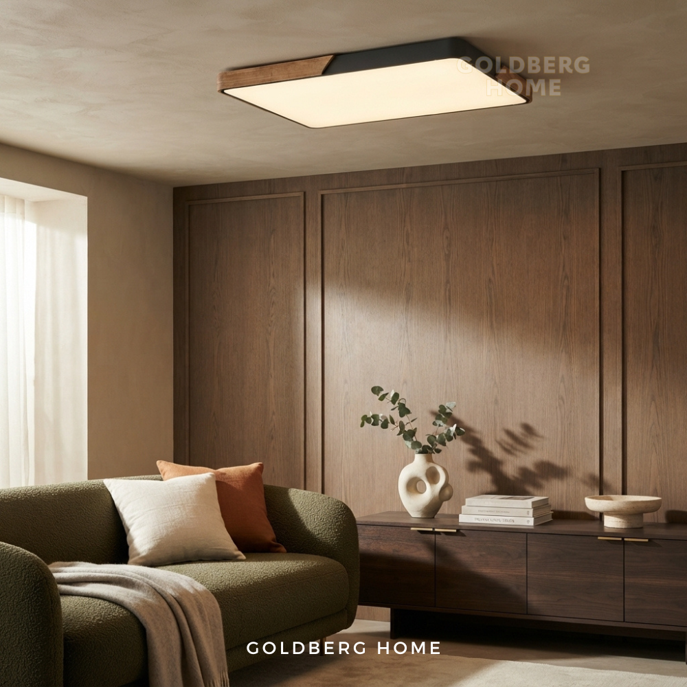 Goldberg Home Mariko rectangle LED ceiling light with black wood accent frame in warm modern living room.