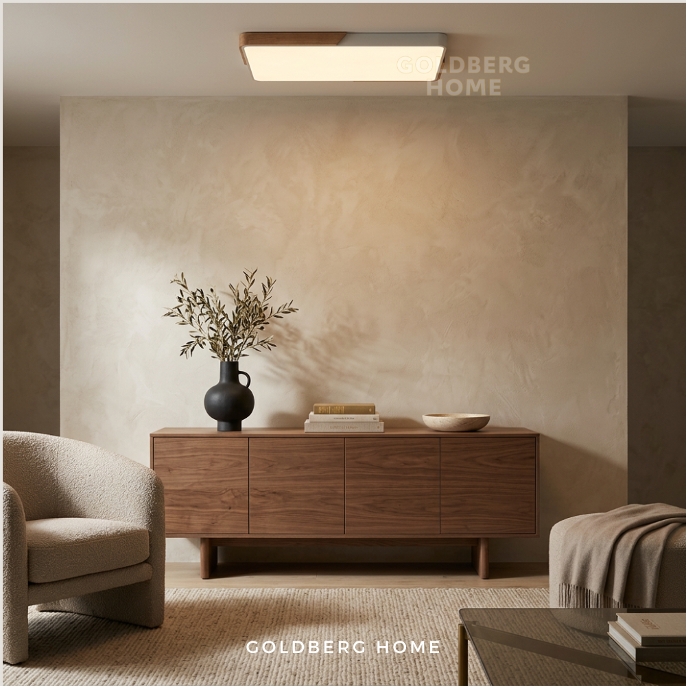Goldberg Home Mariko rectangle LED ceiling light with white wood frame installed in Nordic-style interior.