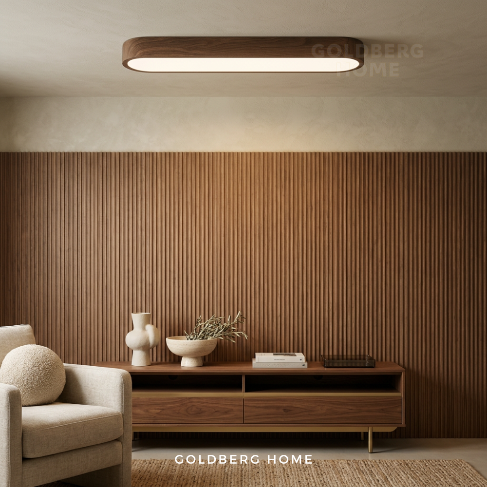 Goldberg Home Masako dark wood linear LED ceiling light installed in modern Japandi living room interior.