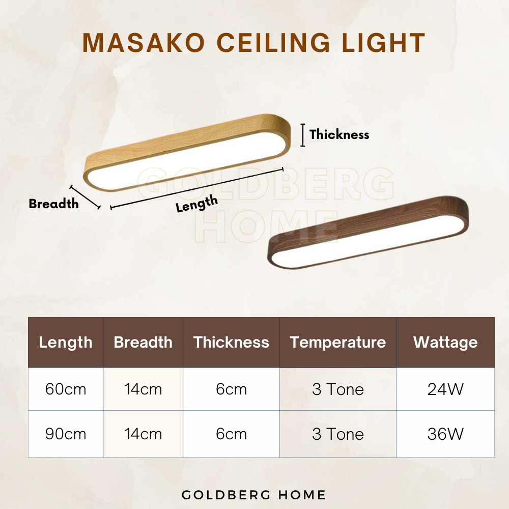Masako DarkWood and LightWood finish guide with 3-tone LED temperatures. Goldberg Home Singapore texture preview.