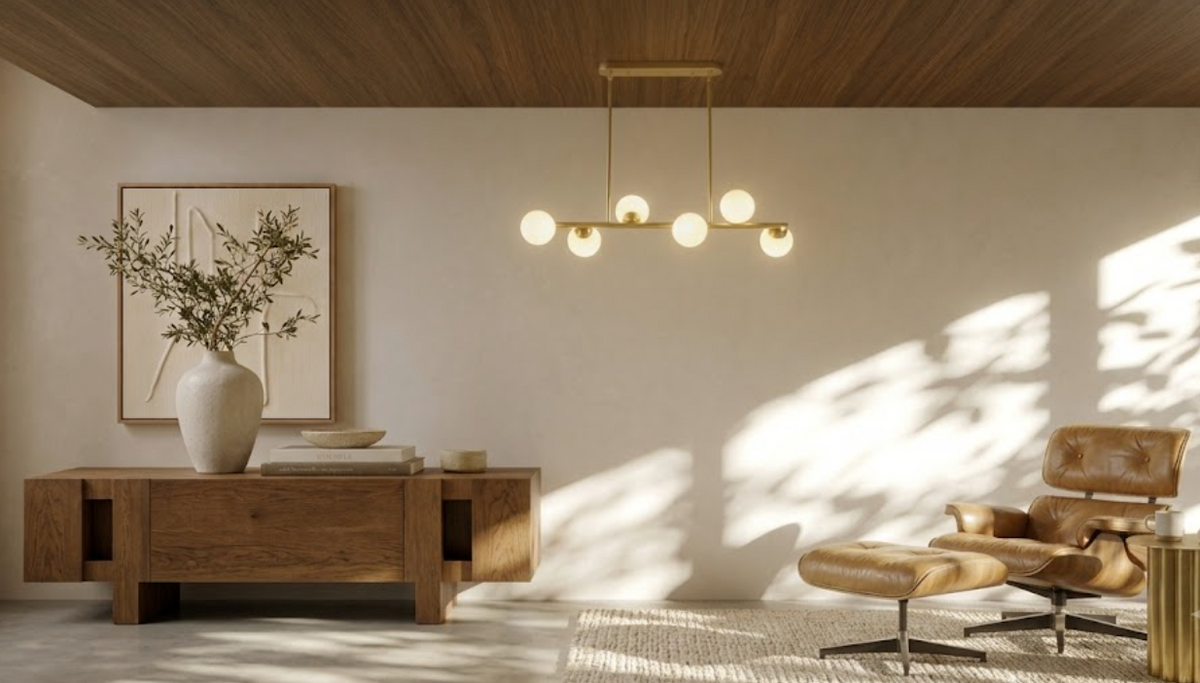 Cozy and elegant Singapore condo living room inspiration showcasing a designer brass multi-light pendant lamp, sleek wooden credenza, and mid-century lounge chair. Goldberg Home