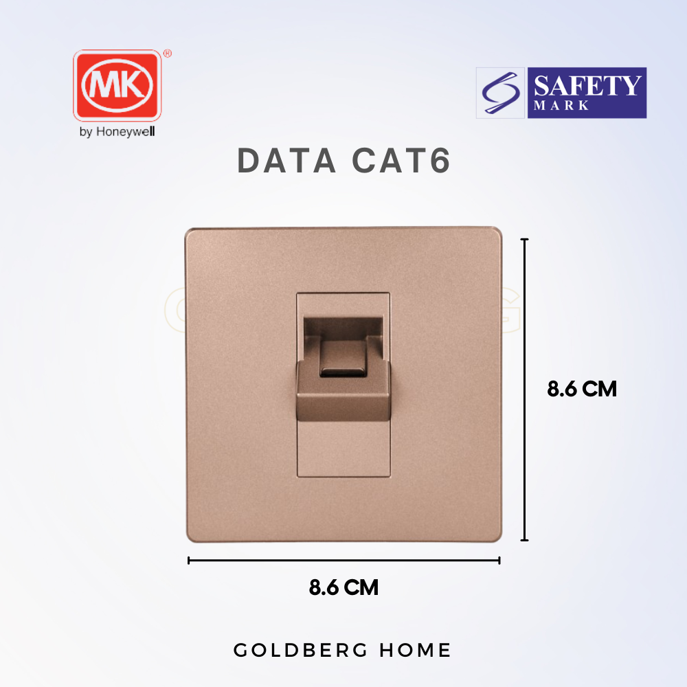 Technical dimensions and mounting depth for MK Honeywell Aria CAT6 data sockets.