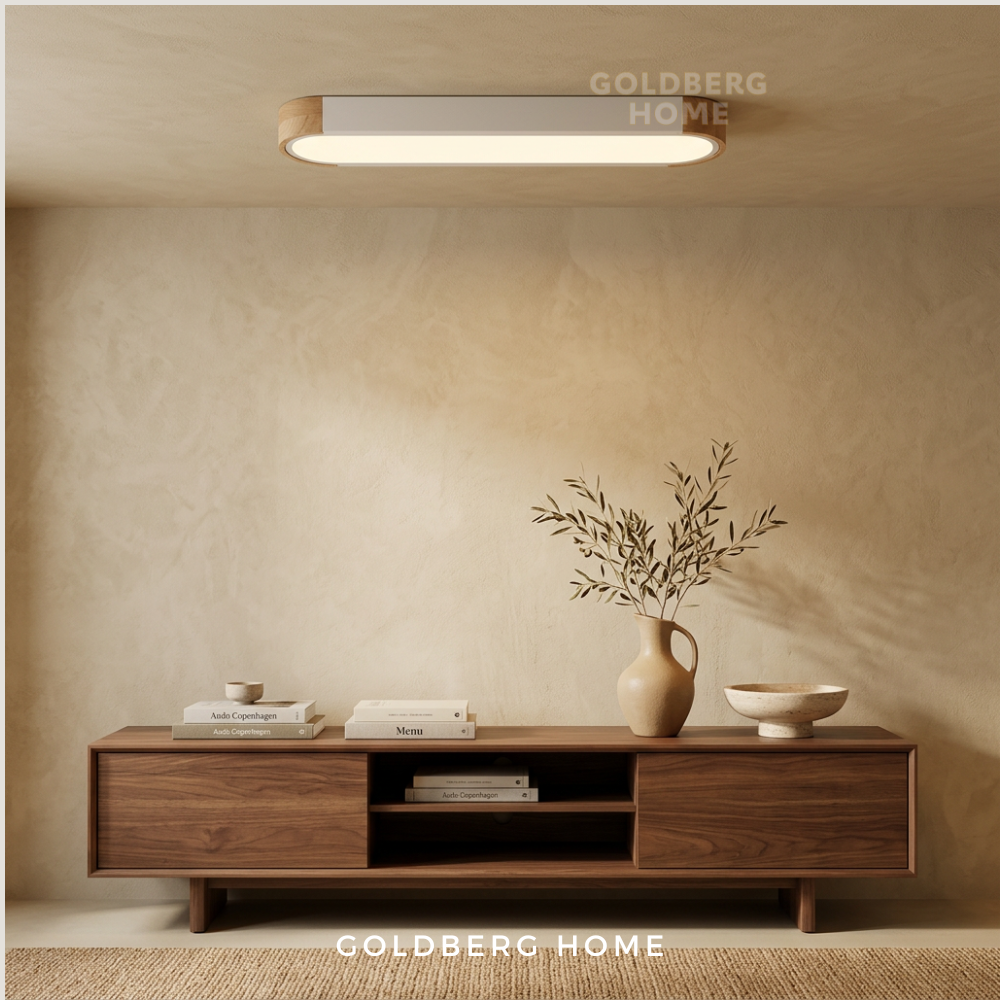 Goldberg Home Nagoya rectangle LED ceiling light with half wood and white frame installed in modern interior room.