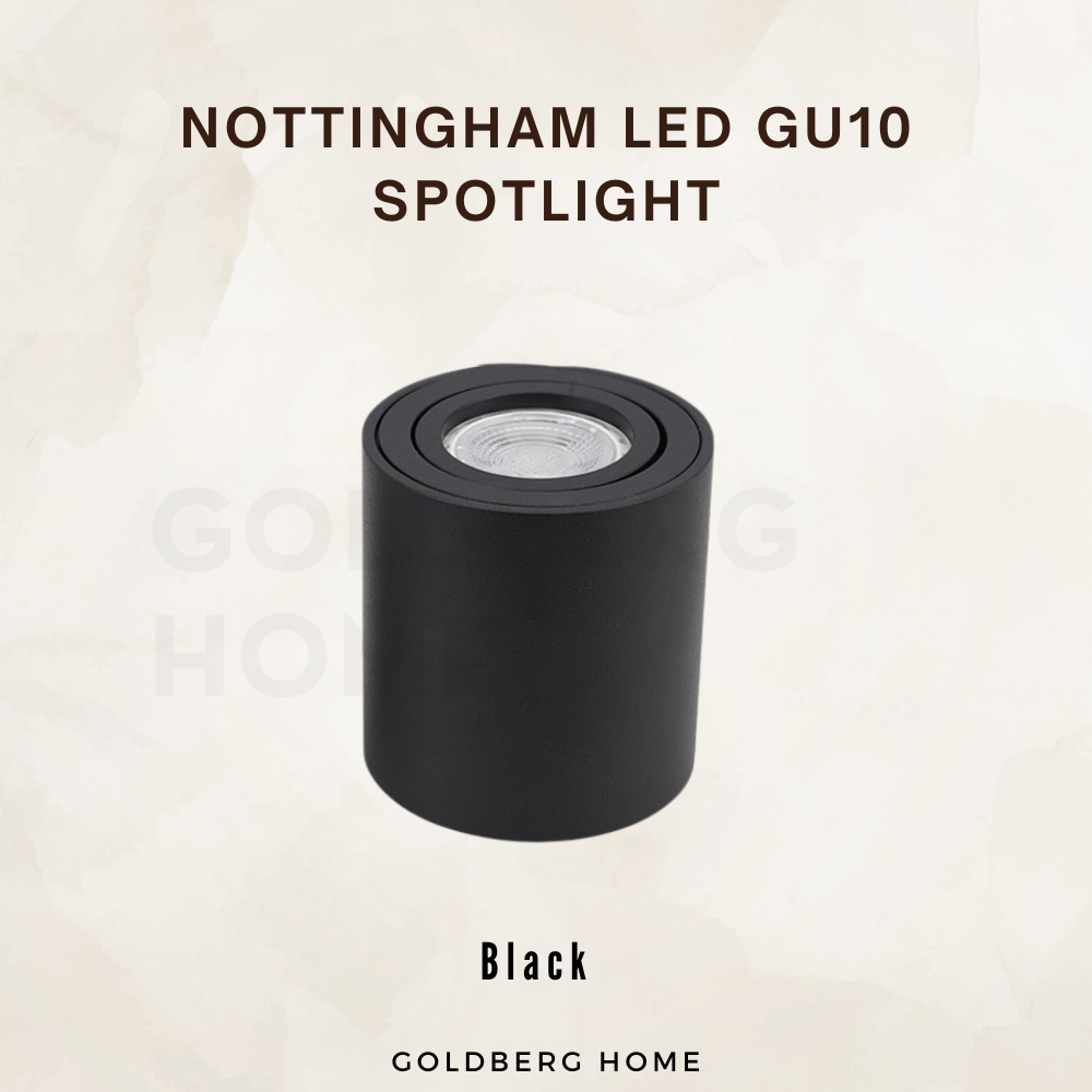 Black Nottingham 6W GU10 spotlight. Industrial style Goldberg Home adjustable light for modern SG homes.