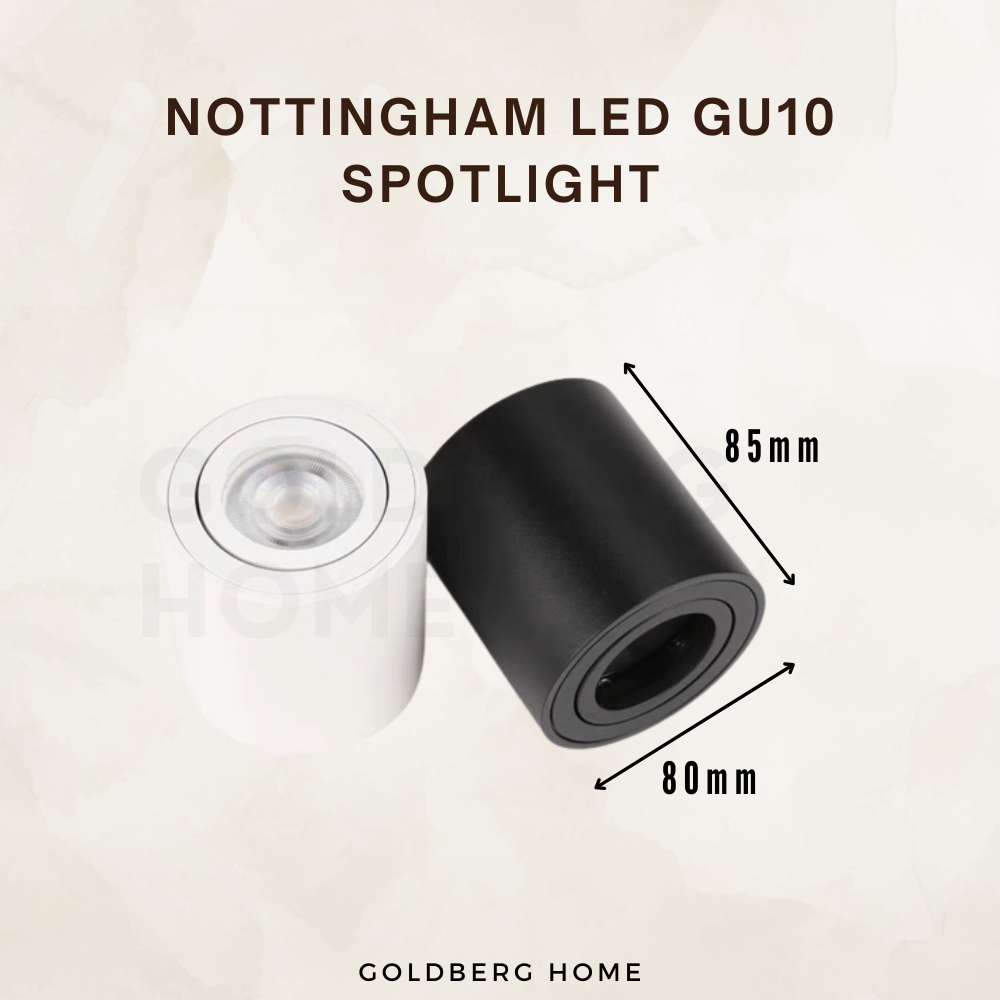 Size specs for Nottingham surface spotlight. Goldberg Home guide for Singapore HDB and condo ceiling fit.