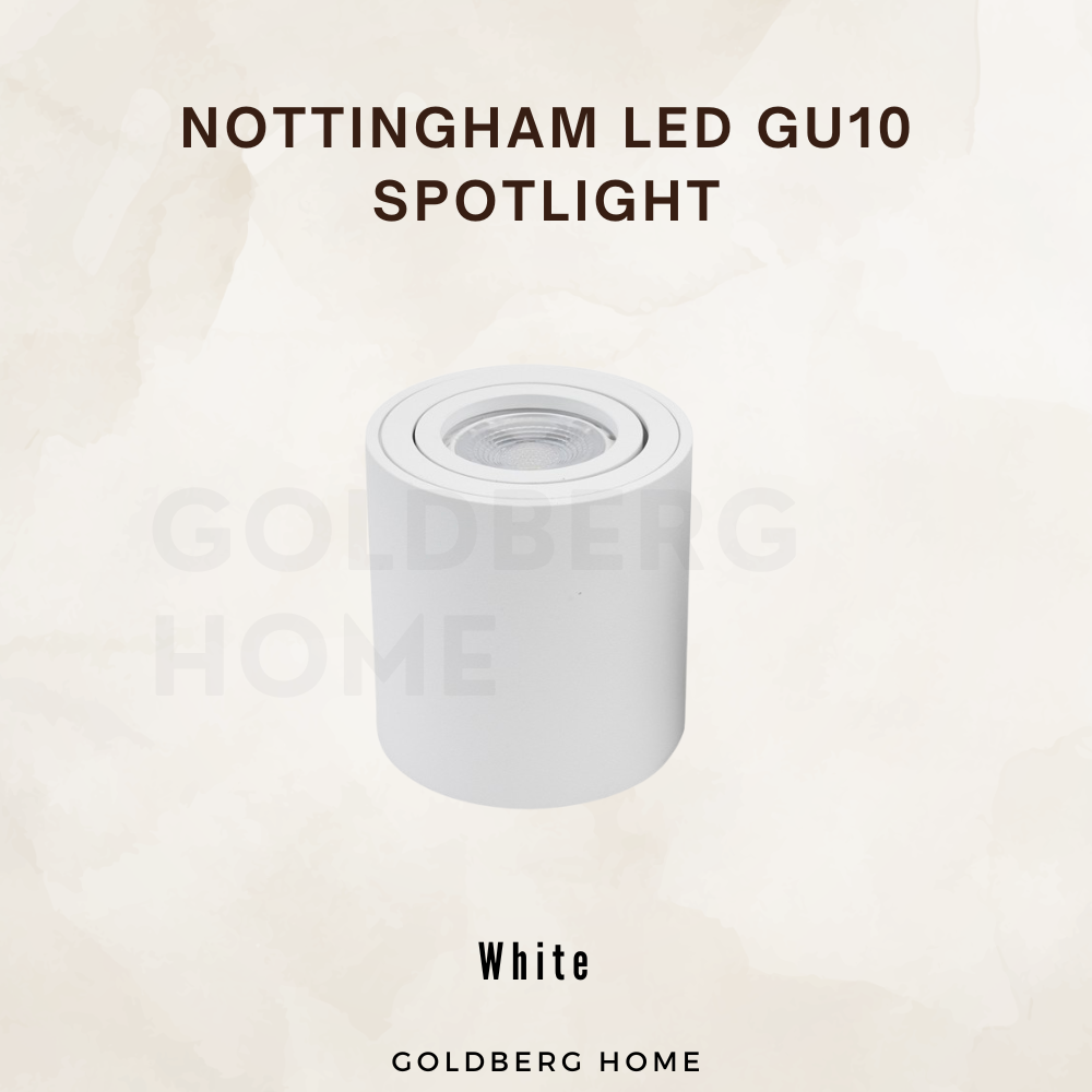 White Nottingham 6W LED surface spotlight. Minimalist Goldberg Home adjustable light for Singapore BTOs.