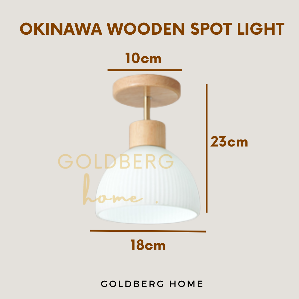 Technical specs for Okinawa 18CM wooden spotlight by Goldberg Home, 18CM diameter wood base downlight dimensions.