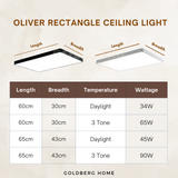 Dimensions for Oliver 43cm x 30cm rectangle light. Goldberg Home guide for Singapore ceiling mounting.