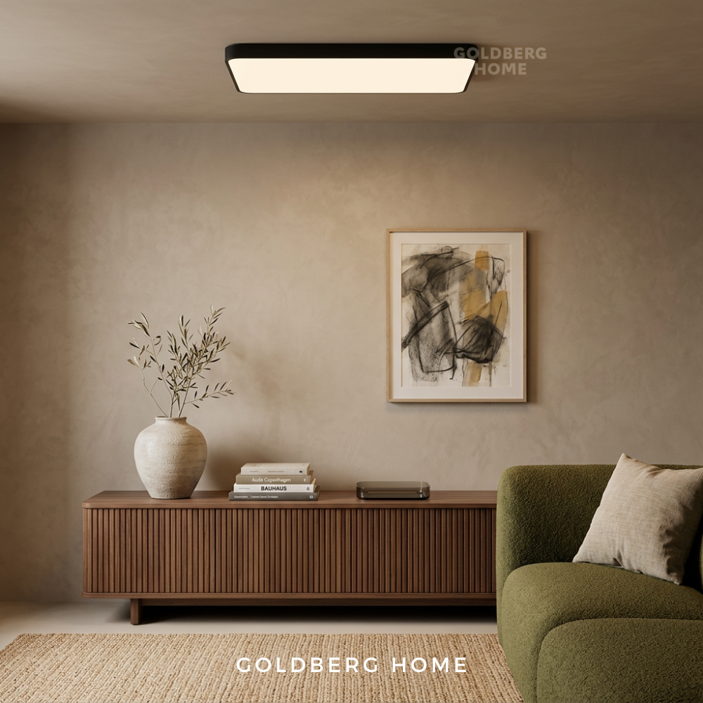 Goldberg Home Oliver rectangle LED ceiling light with black frame installed in modern minimalist living room interior.