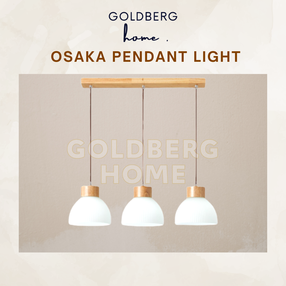 Goldberg Home Osaka 120cm real wood base pendant light with triple light fittings for dining area illumination.