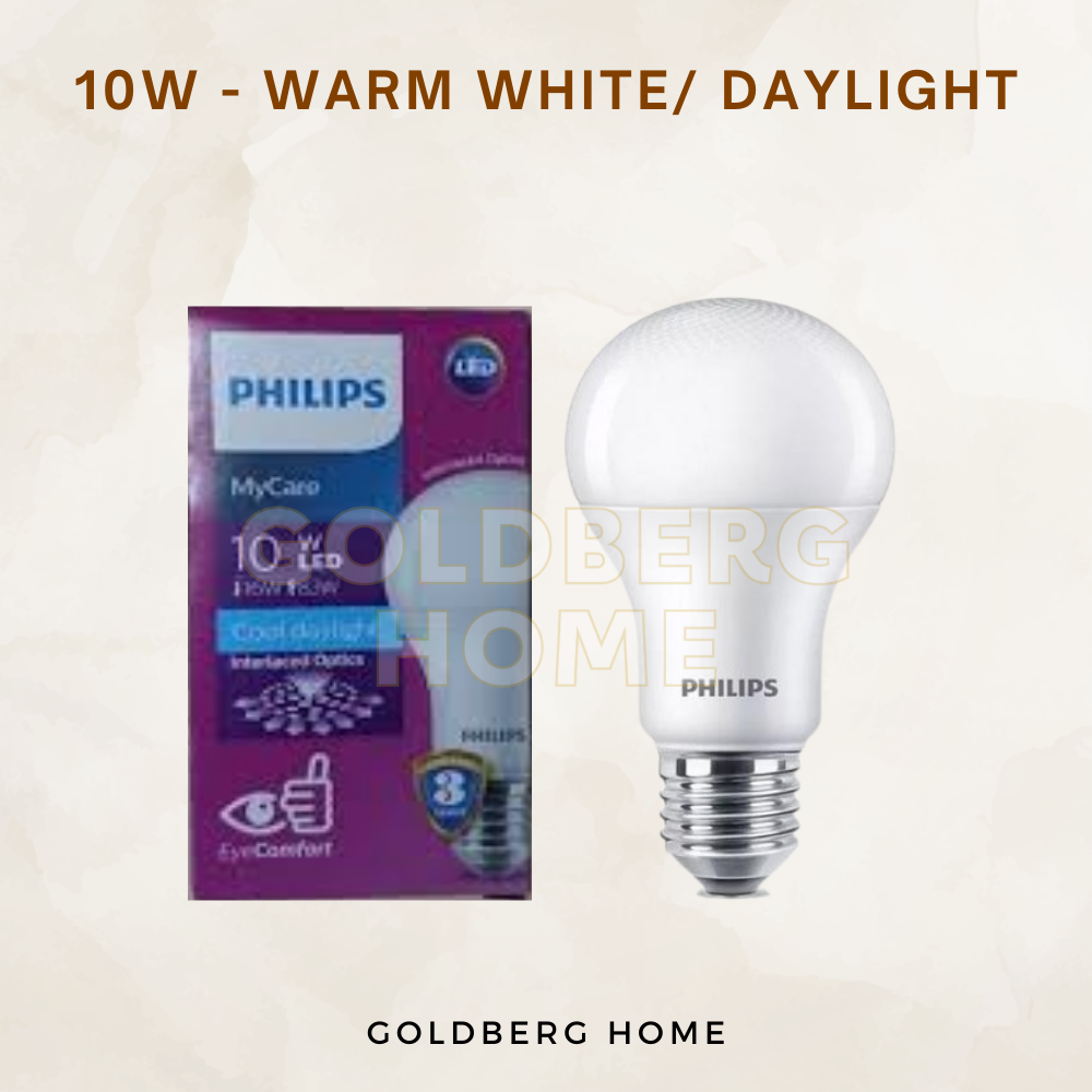 10W Philips MyCare E27 Warm White Daylight. Goldberg Home high-quality replacement bulb for living room fixtures.