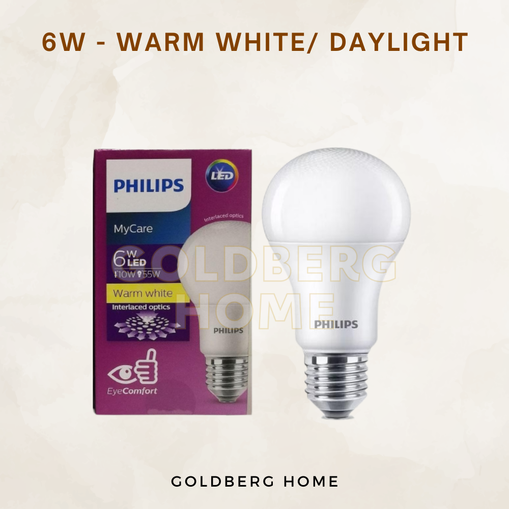 6W Philips MyCare E27 Warm White Daylight bulb. Cozy EyeComfort lighting by Goldberg Home for Singapore bedrooms.