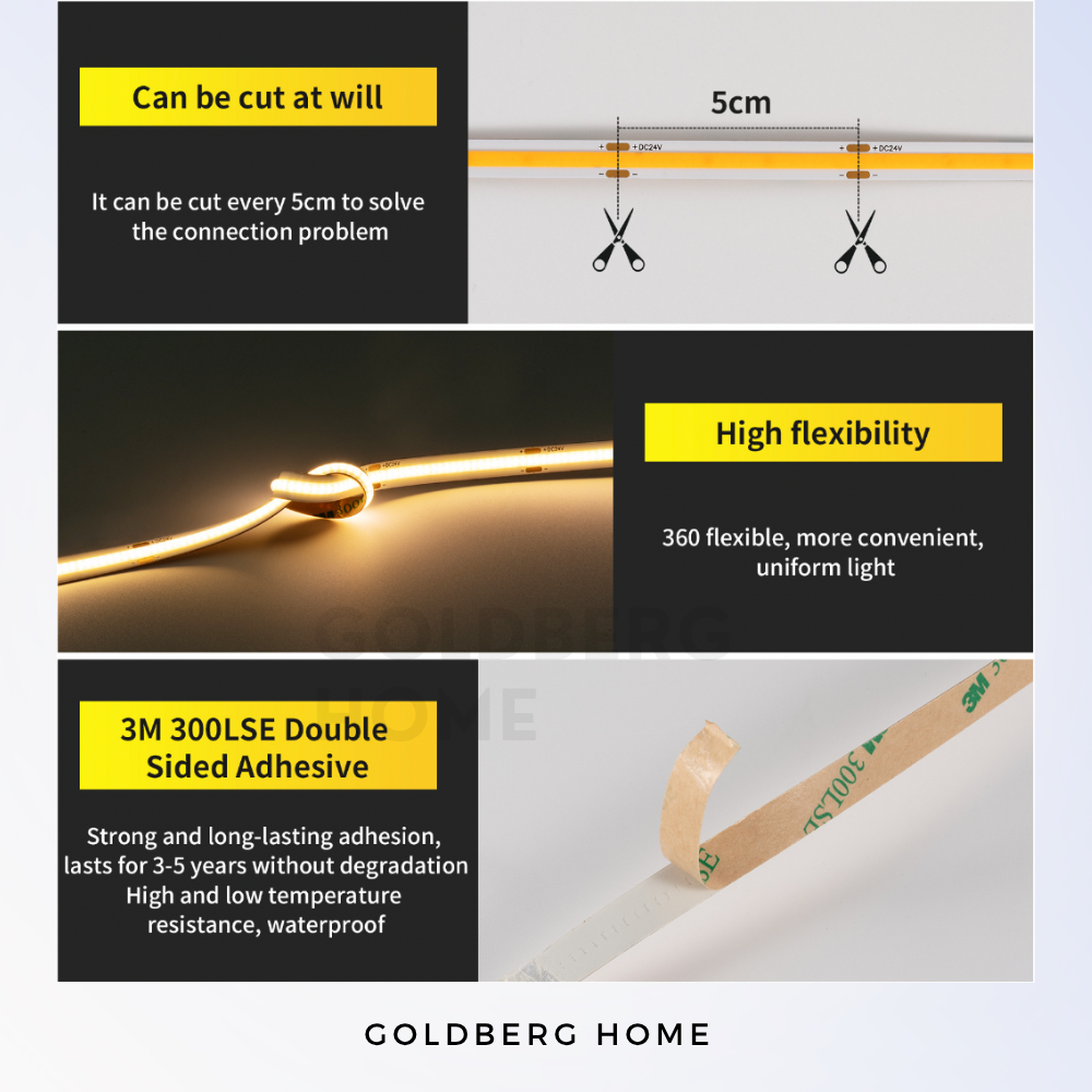 Close-up of high-density and high flexibility 24V COB LED chips. Goldberg Home seamless lighting with no dark spots for SG homes.