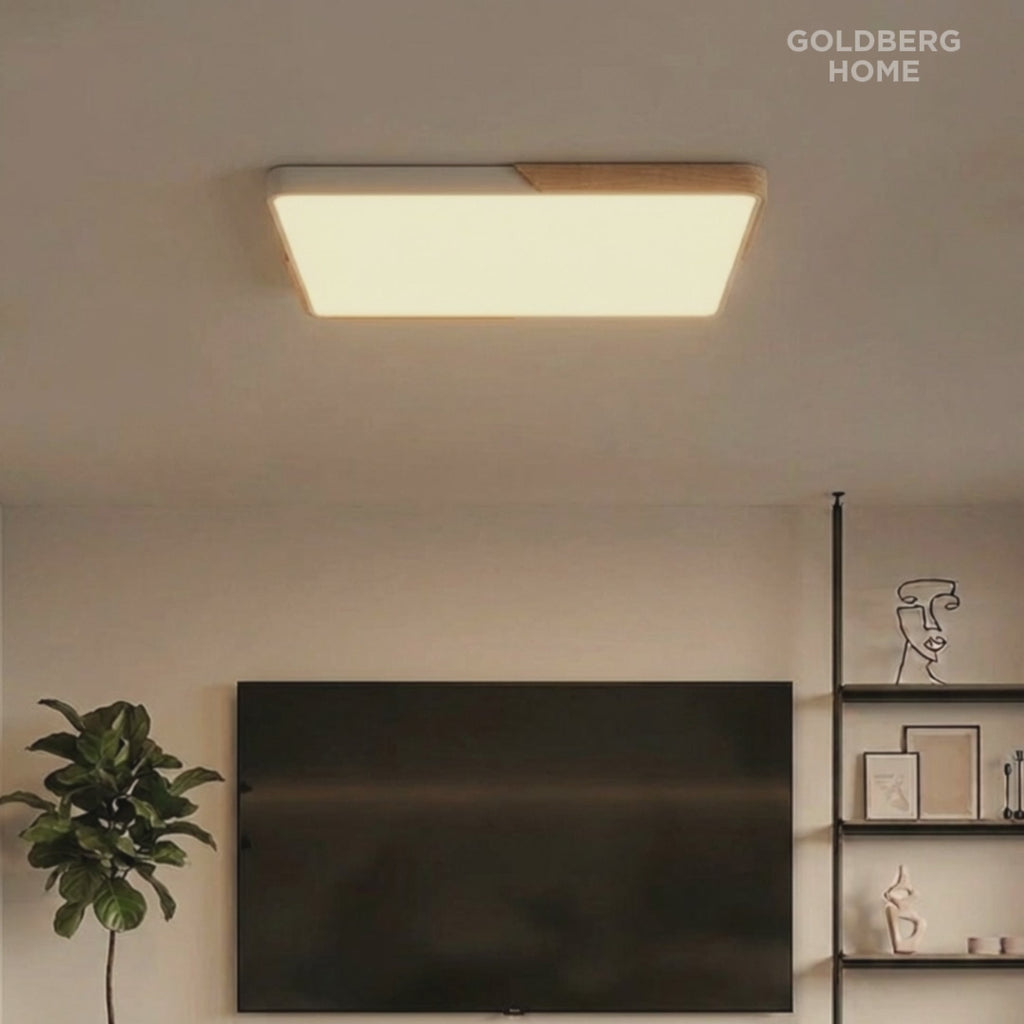 Demo of Mariko Nordic rectangle light 3-tone switching. Goldberg Home premium wood frame LED for Singapore homes.