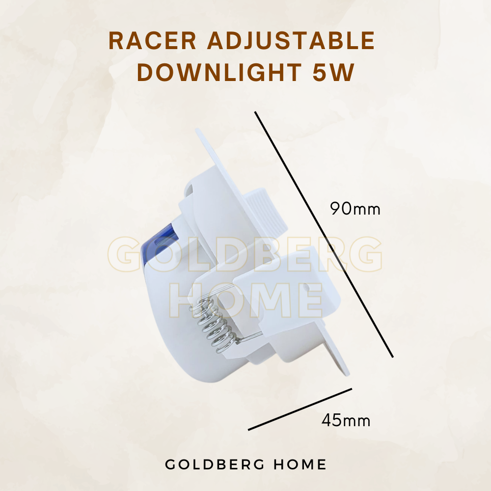 Goldberg Home Racer 5W LED downlight 4.2cm x 9cm cutout dimensions for Singapore false ceiling fit.