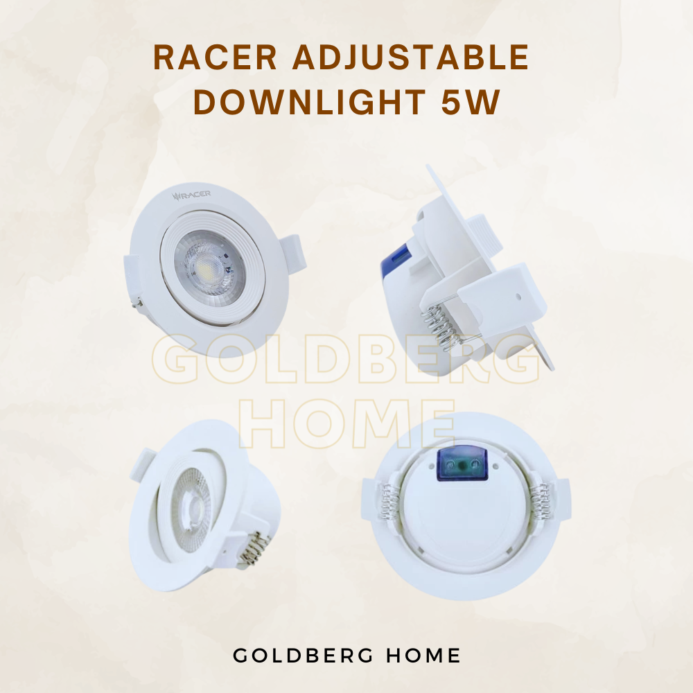 Front and back design view of Racer 5W adjustable LED downlight showing casing structure.