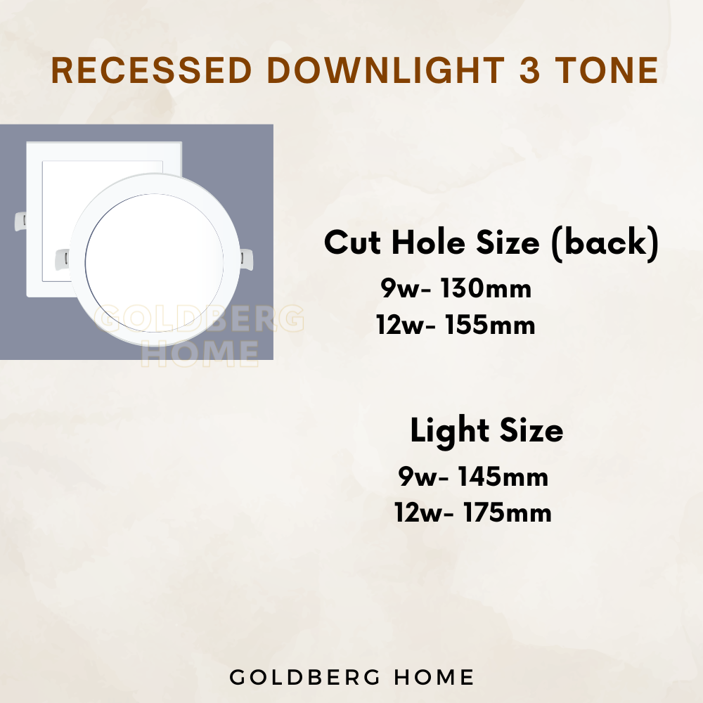 Recessed Downlight 3Tone size specs and ceiling cut-out measurements by Goldberg Home SG.