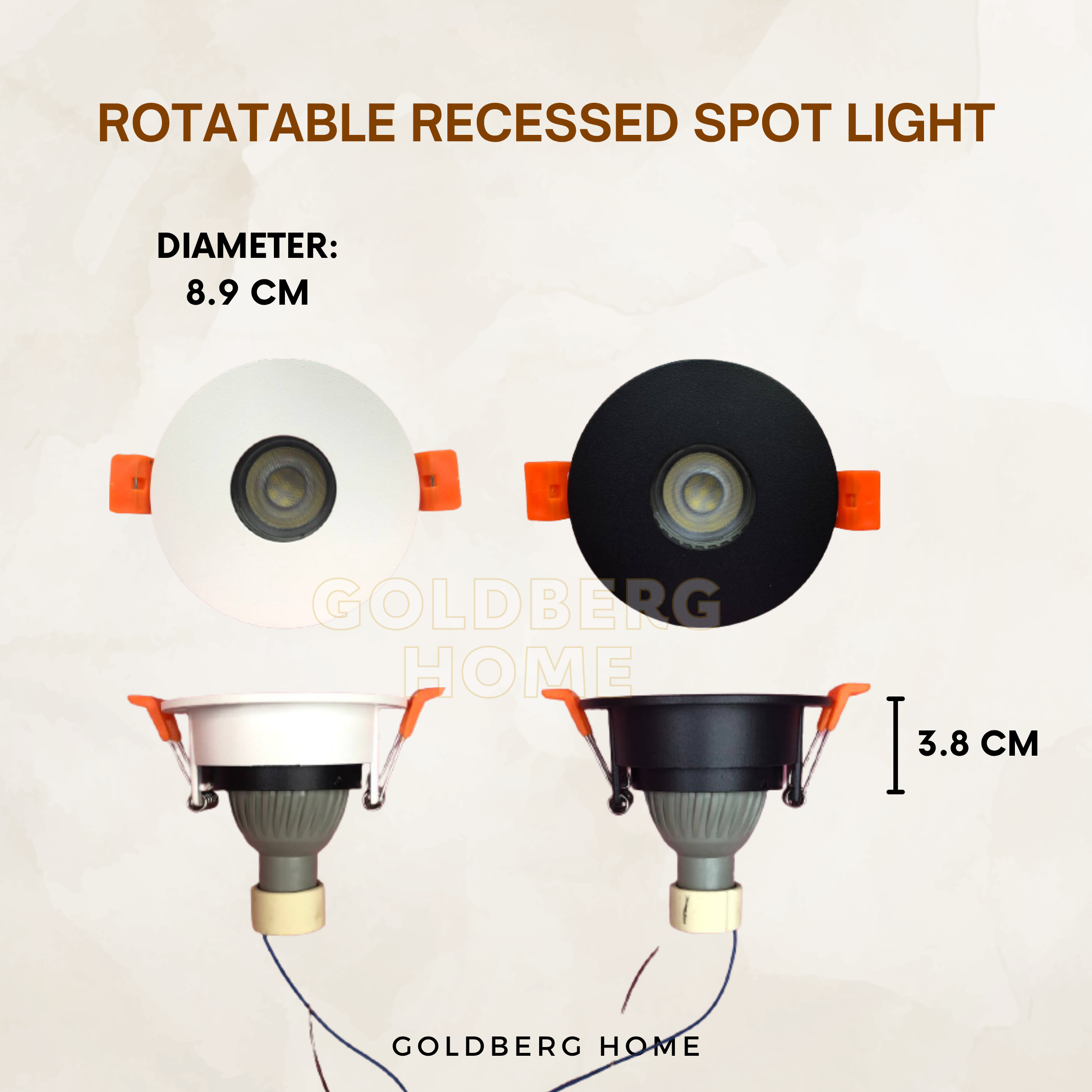 Goldberg Home 9cm rotatable spot light 8.9cm diameter and 3.8cm height specs for SG false ceiling fit.