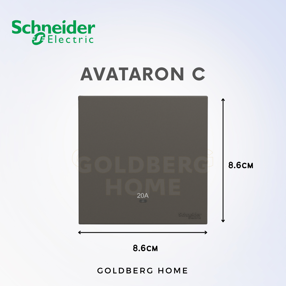 Technical specs for Schneider AvatarON C 20A 1G1W and 2G1W switches, HDB/Condo water heater compliant.