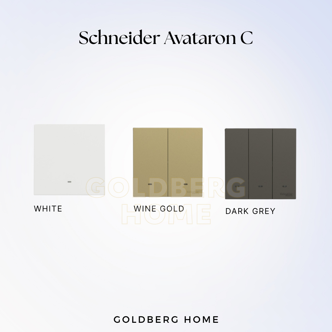 Schneider AvatarON C switches and sockets shown in White, Wine Gold, and Dark Grey finishes with Goldberg Home branding.