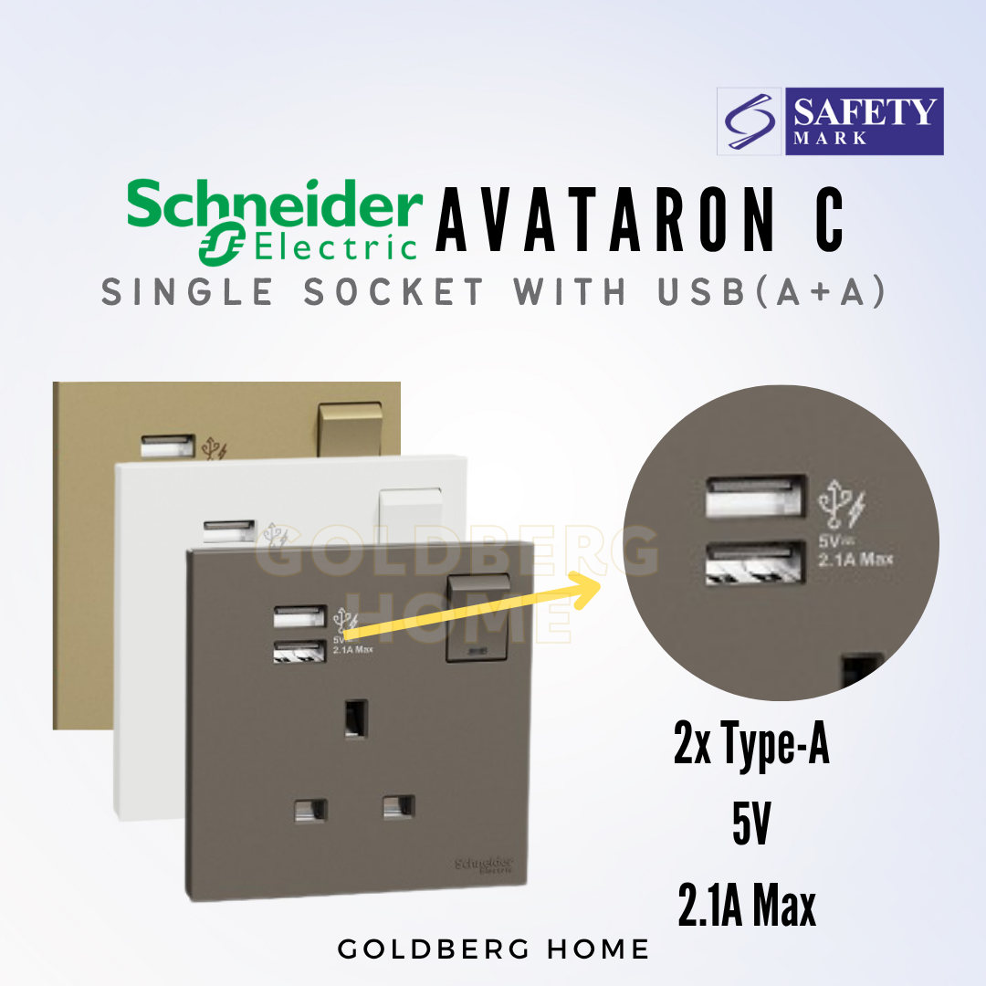 Technical specs for Schneider AvatarON C 13A single USB socket (A+A) from Goldberg Home