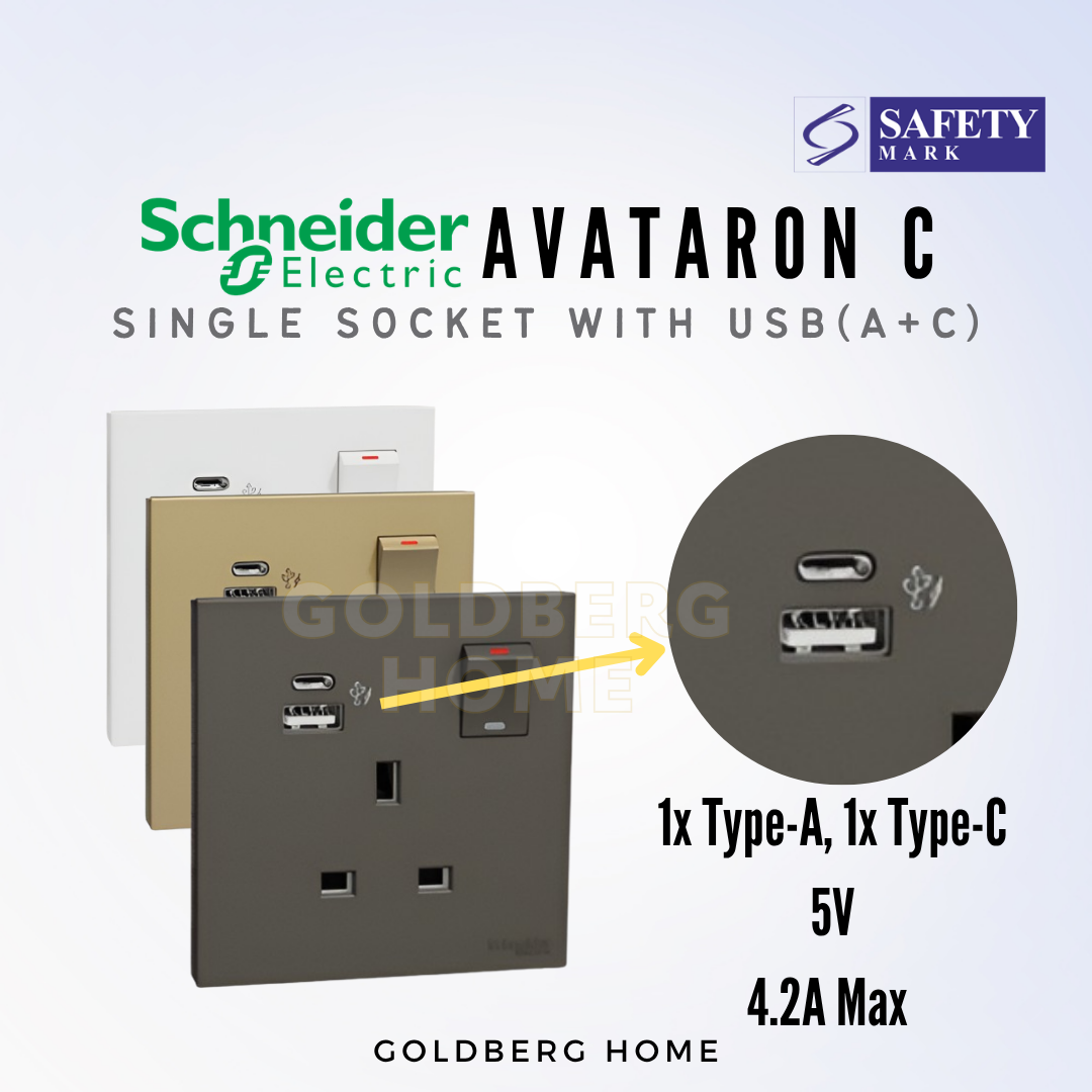 Technical specs for Schneider AvatarON C 13A single USB socket (A+C) from Goldberg Home