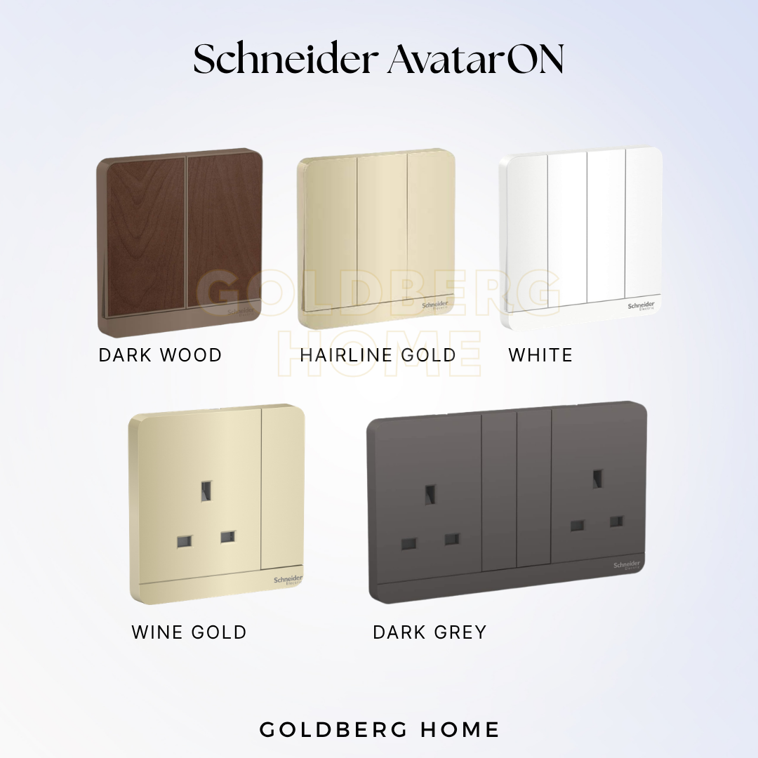 Schneider AvatarON light switch & sockets wall plates shown in five color options: Dark Wood, Hairline Gold, White, Wine Gold, and Dark Grey, arranged on a light gradient background with Goldberg Home branding.