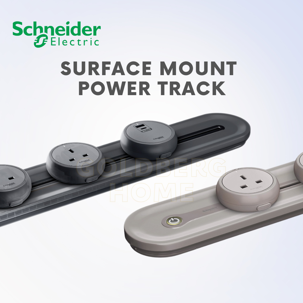 Schneider Electric Easy Series surface mount power track for flexible kitchen sockets.