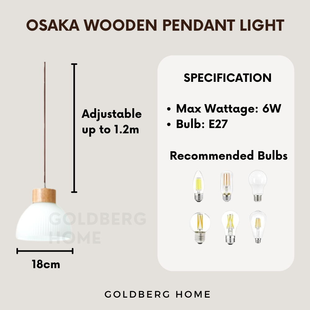 Recommended E27 LED bulb for Goldberg Osaka wooden single pendant to create a cozy Japandi home ambiance.