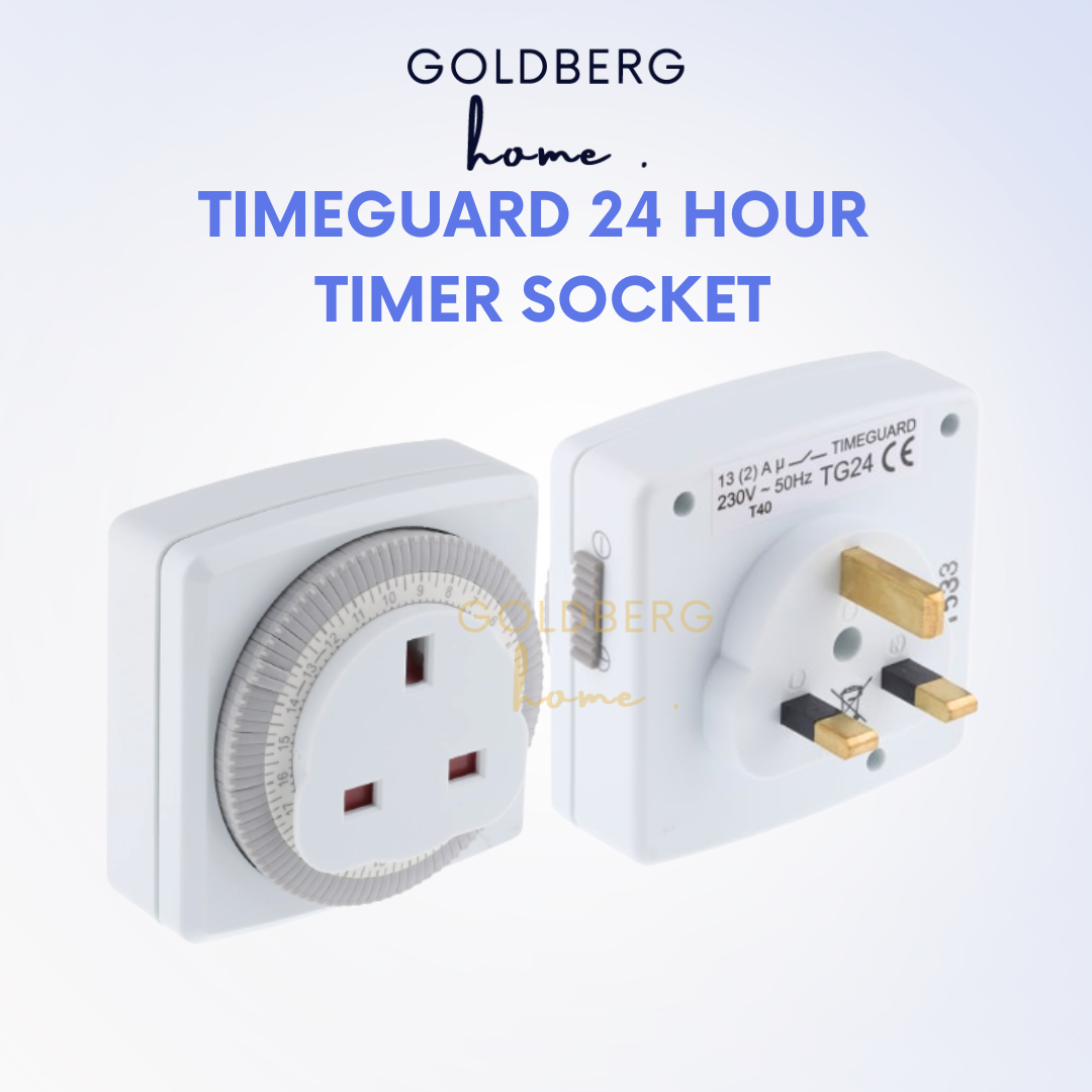 Close-up technical detail of 13A 3-pin Timeguard 24hr timer socket from Goldberg Home.