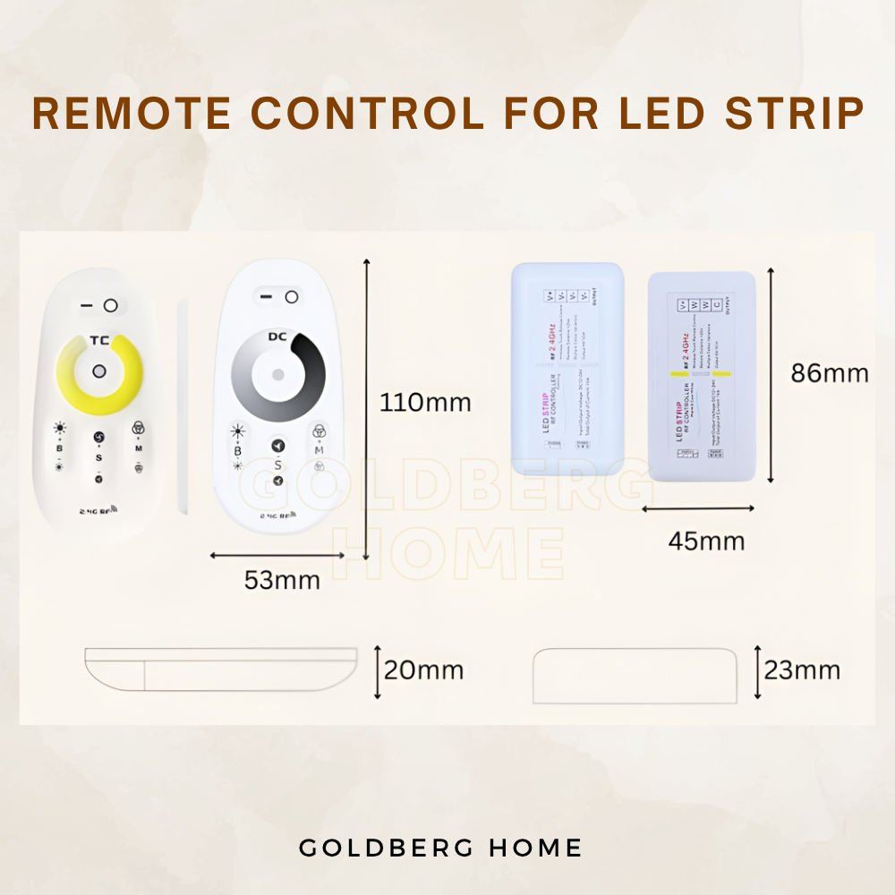 Wireless remote controller for dimmable Tri-Tone COB LED strips from Goldberg Home Singapore.