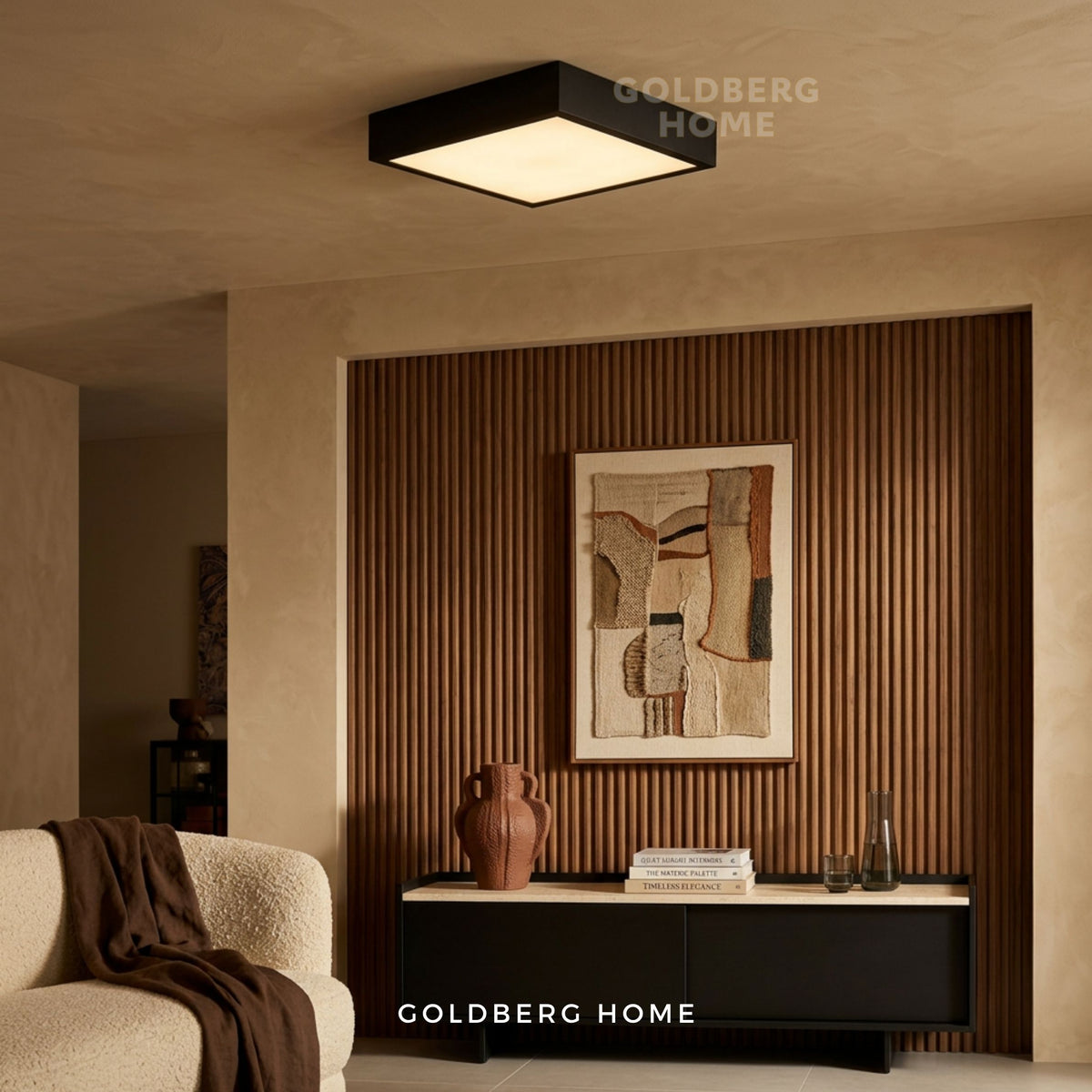 Goldberg Home Luz LED black square ceiling light installed in modern Singapore BTO living room interior.