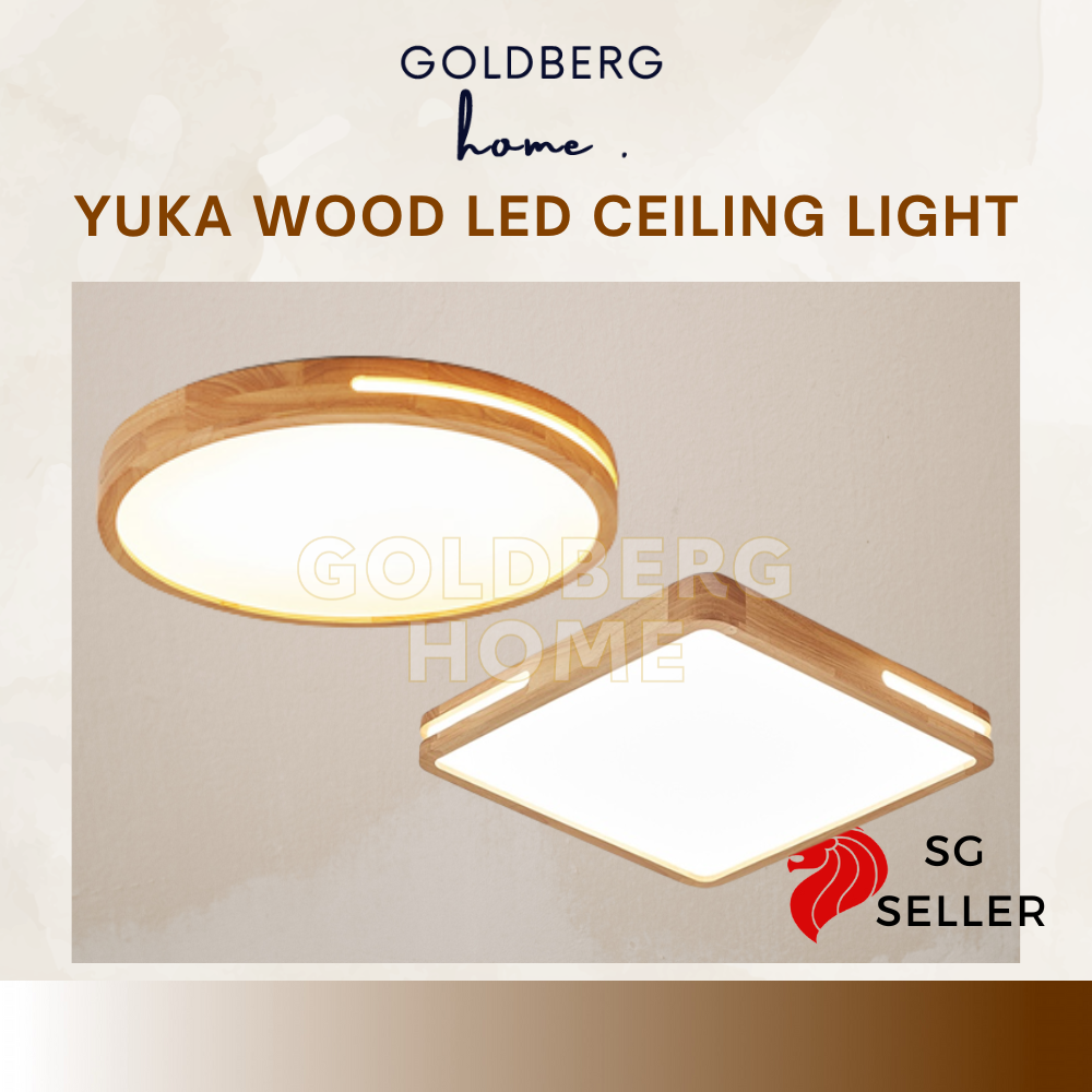 Yuka 40cm 36W real wood frame ceiling light in round and square designs.