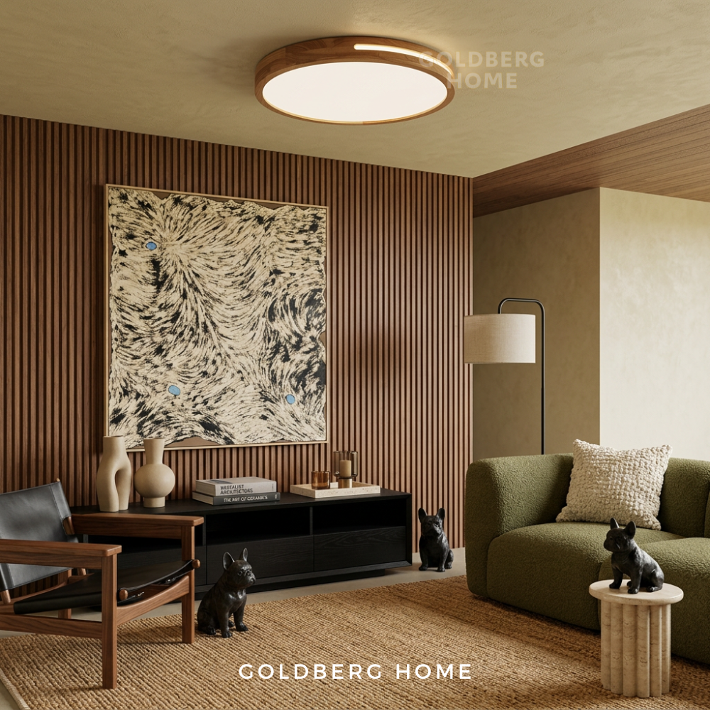 Goldberg Home Yuka real wood LED ceiling light installed in modern Japanese Japandi living room interior.