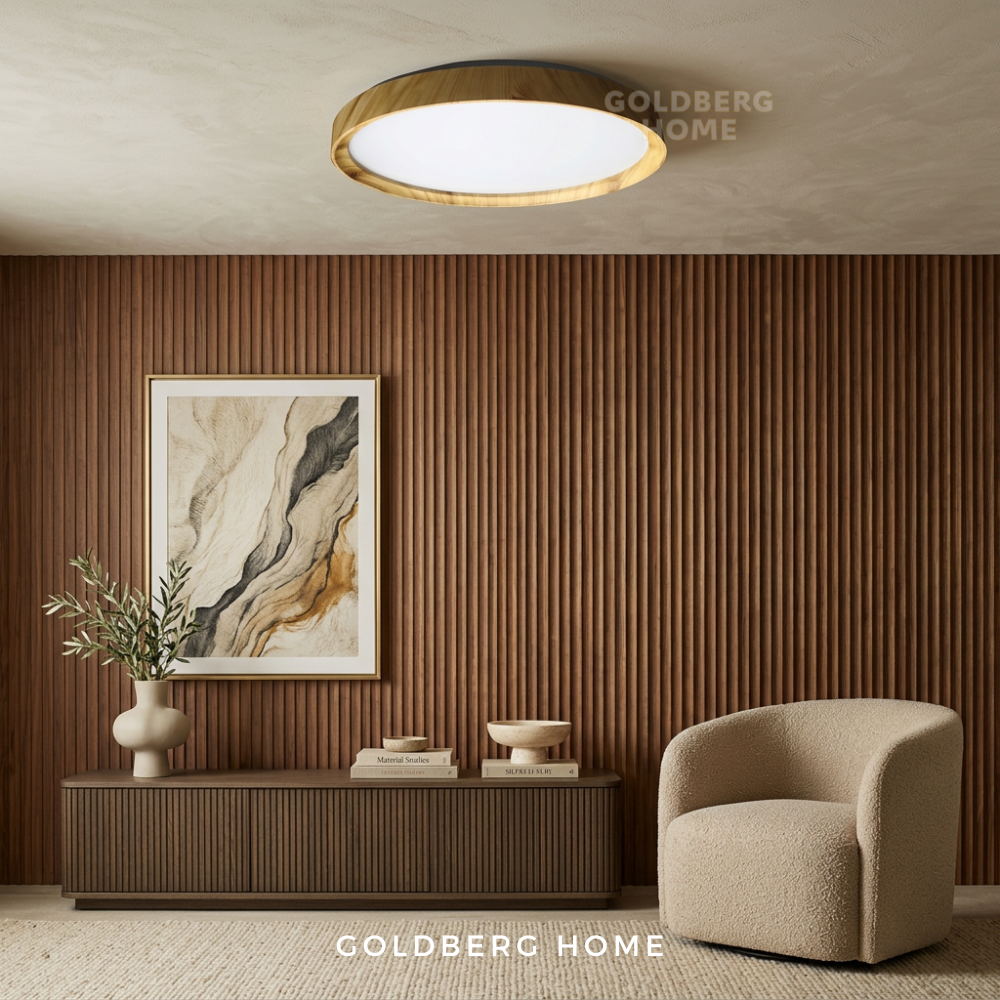 Goldberg Home Zakuro Japanese wood LED ceiling light with twist and turn cover installed in modern Japandi living room interior.