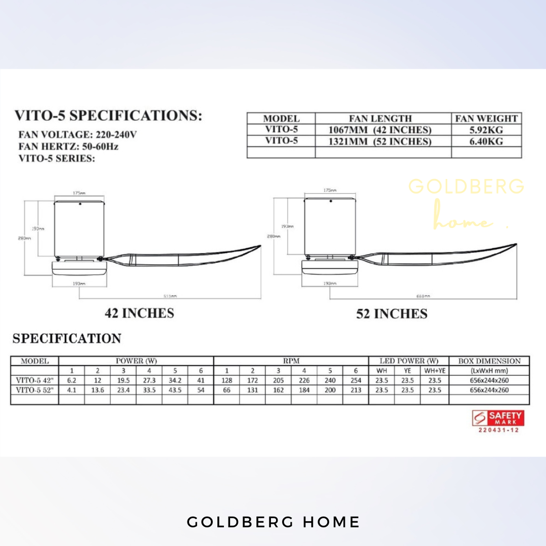 Specifications of Bestar Ceiling Fan VITO 5 | Wifi Controlled Ceiling Fan | Goldberg Home SG