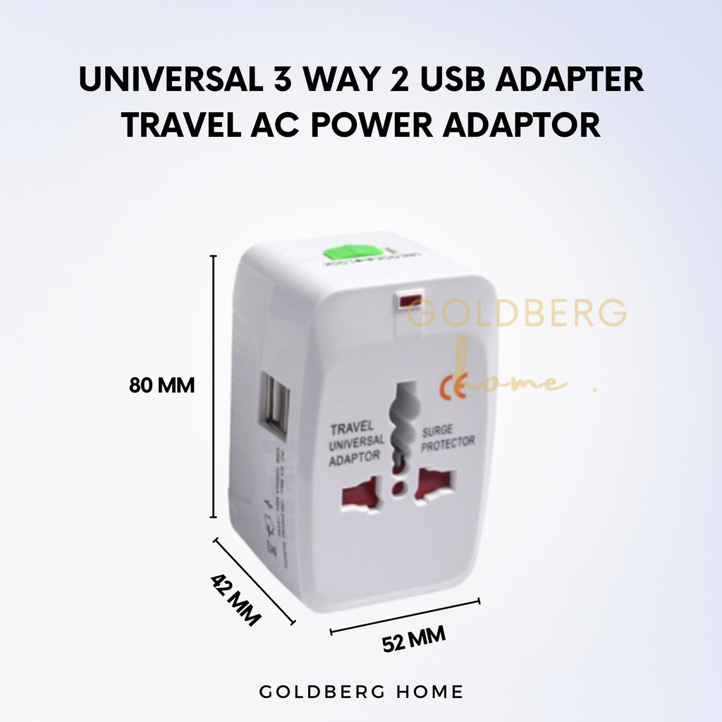 Universal 3 way 2 USB Adapter Travel AC Power Adaptor Goldberg Home SG
