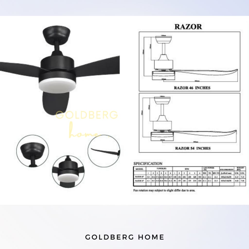 Measurement of Bestar Razor Ceiling Fan for SG HDB Condo Landed |  Ceiling Fan with Light | Goldberg Home SG