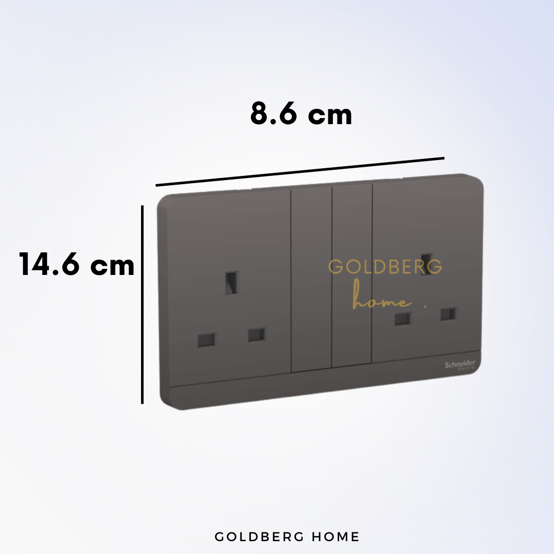Technical specs for Schneider AvatarON double socket. Goldberg Home 146mm dimensions for Singapore.