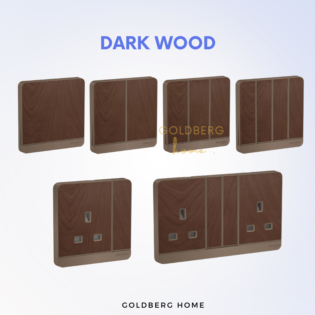 Dark Wood Schneider AvatarON switch. Natural textured wood finish by Goldberg Home.