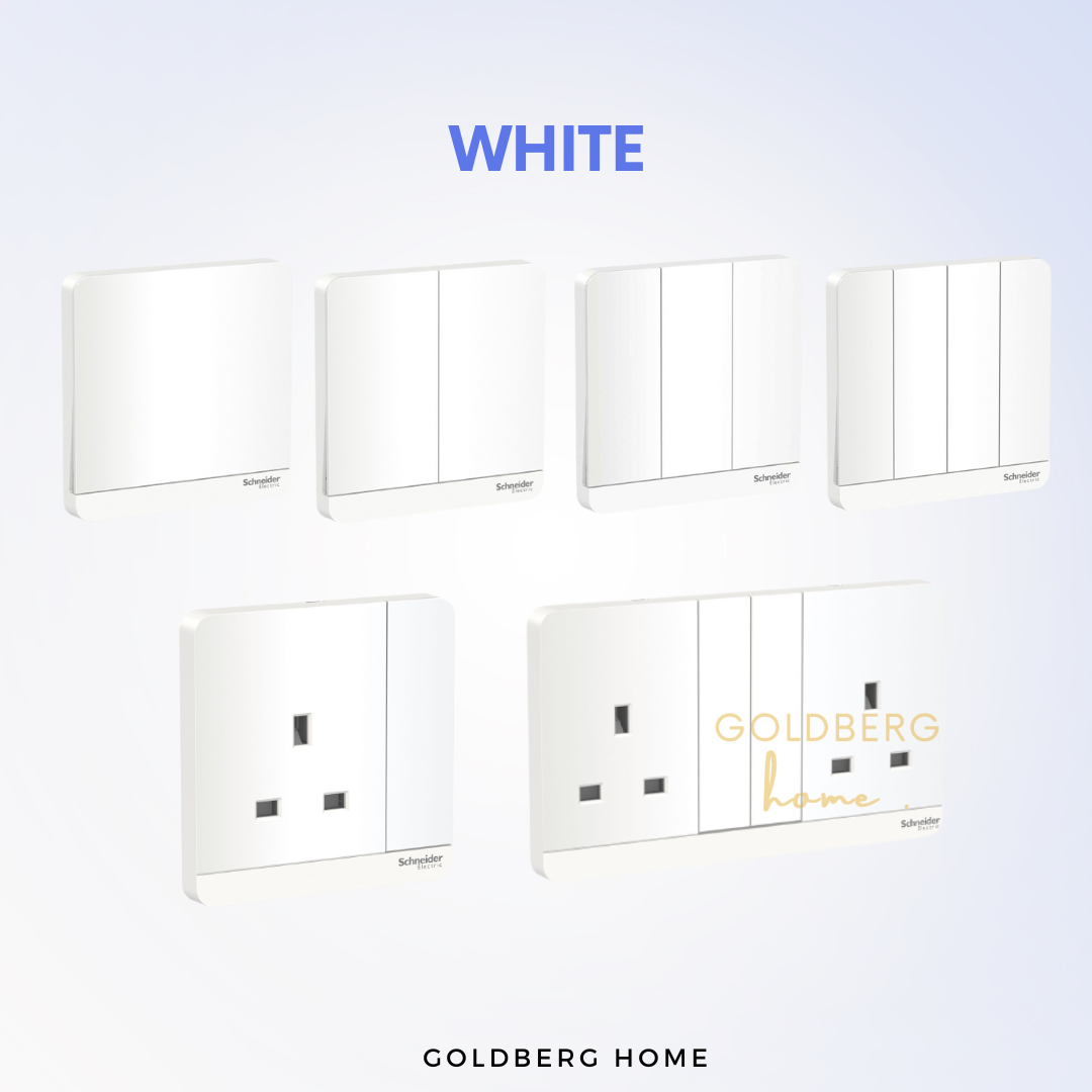 White Schneider AvatarON switch socket by Goldberg Home. Minimalist electrical for Singapore BTO.