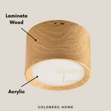 Close-up of the laminate wood grain and 3-tone LED module for Goldberg Japanese series recessed lighting.
