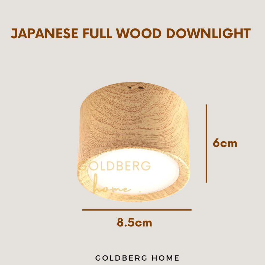 8.5cm cutout and 5W power specs for Goldberg Japanese wood downlight, fits standard SG false ceiling holes.