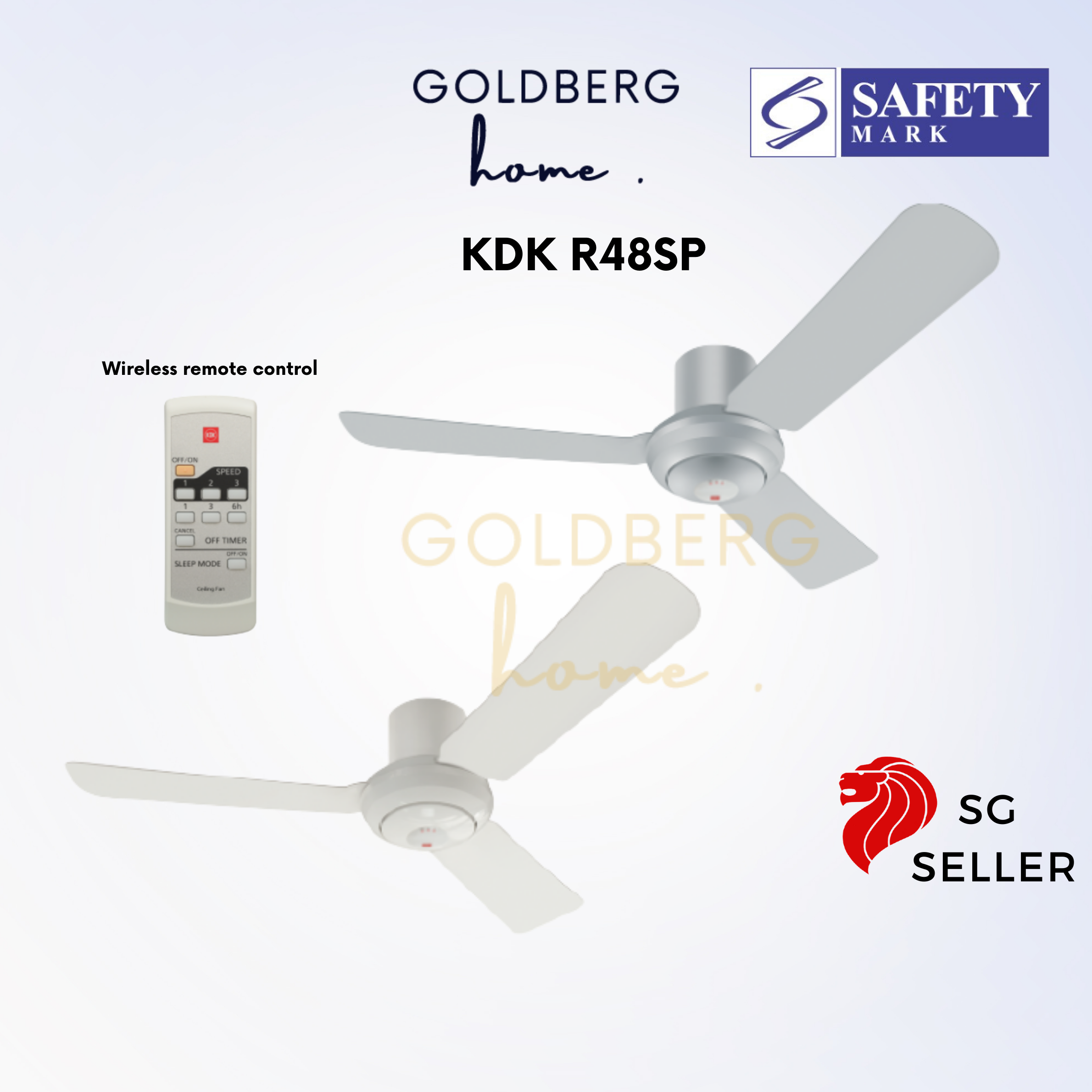 KDK R48SP White 48-inch Ceiling Fan with remote, rust-proof ABS blades for Singapore homes.