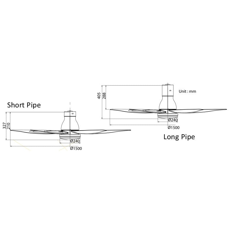 Height guide for KDK U60FW: Short pipe for 2.6m-3m ceilings; Long pipe for up to 3.6m ceilings.