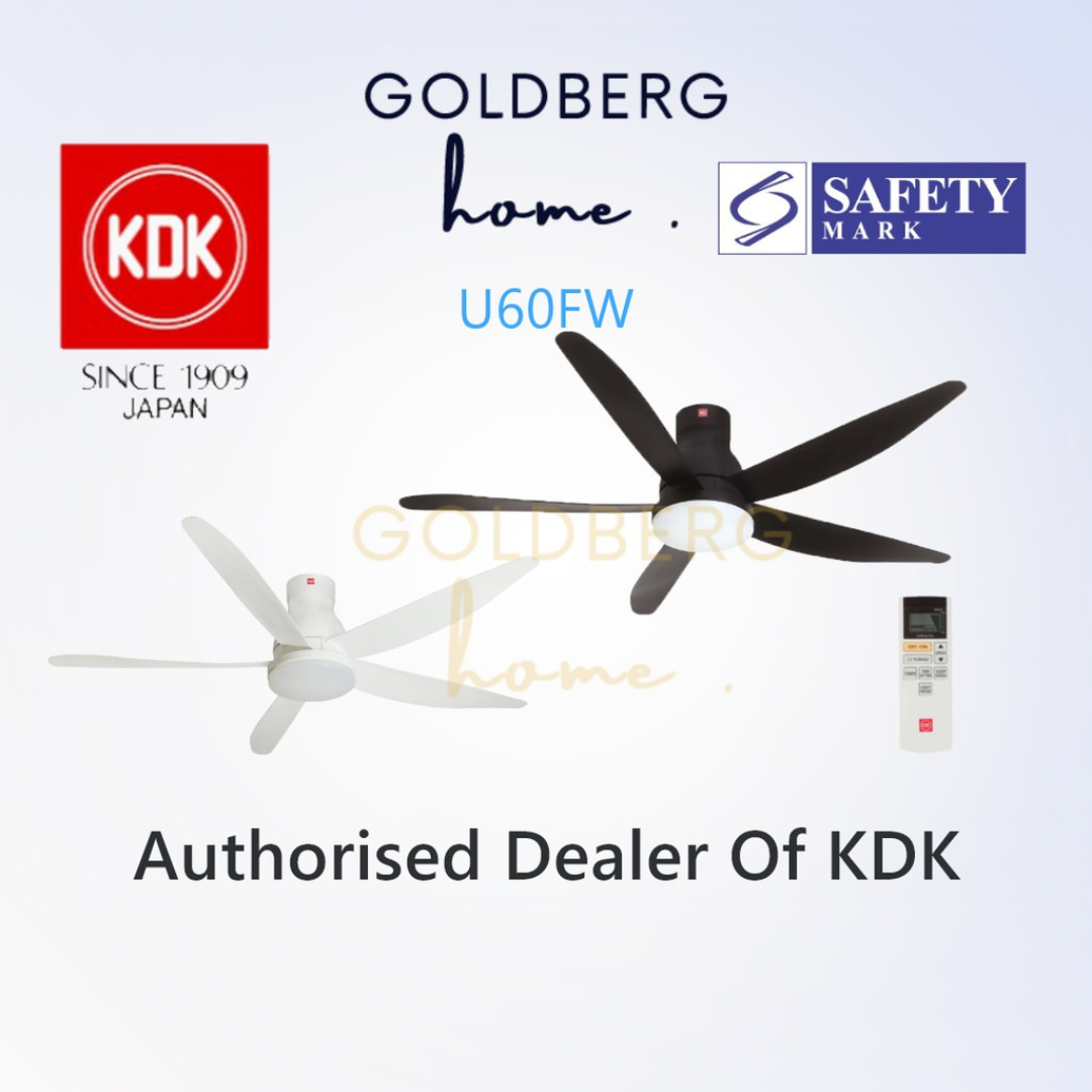 KDK U60FW White 60-inch DC Ceiling Fan with 22W Tricolor LED and wireless remote control.