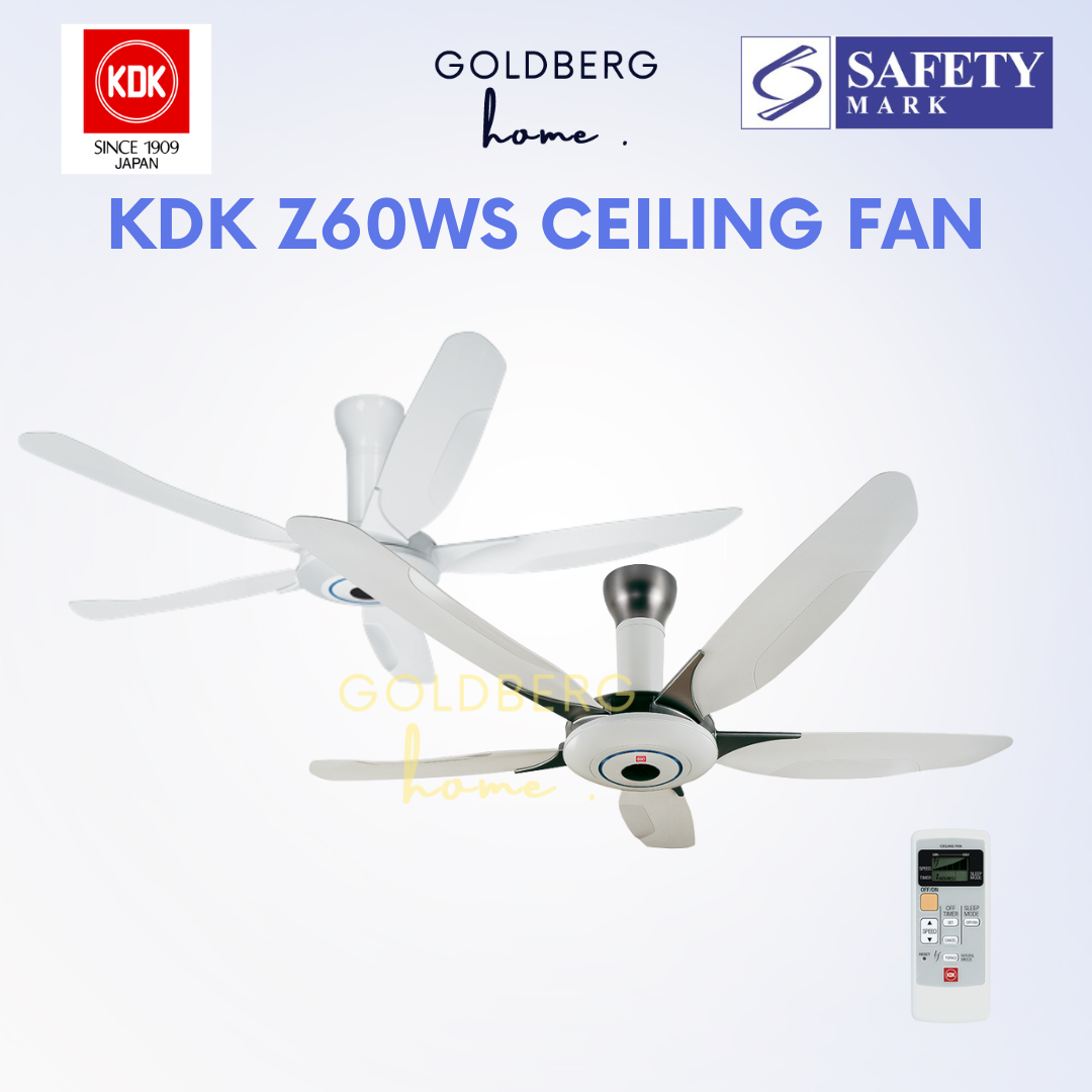 KDK Z60WS White 60-inch Ceiling Fan with LCD remote, 5-blade 3D design for high ceiling SG homes.